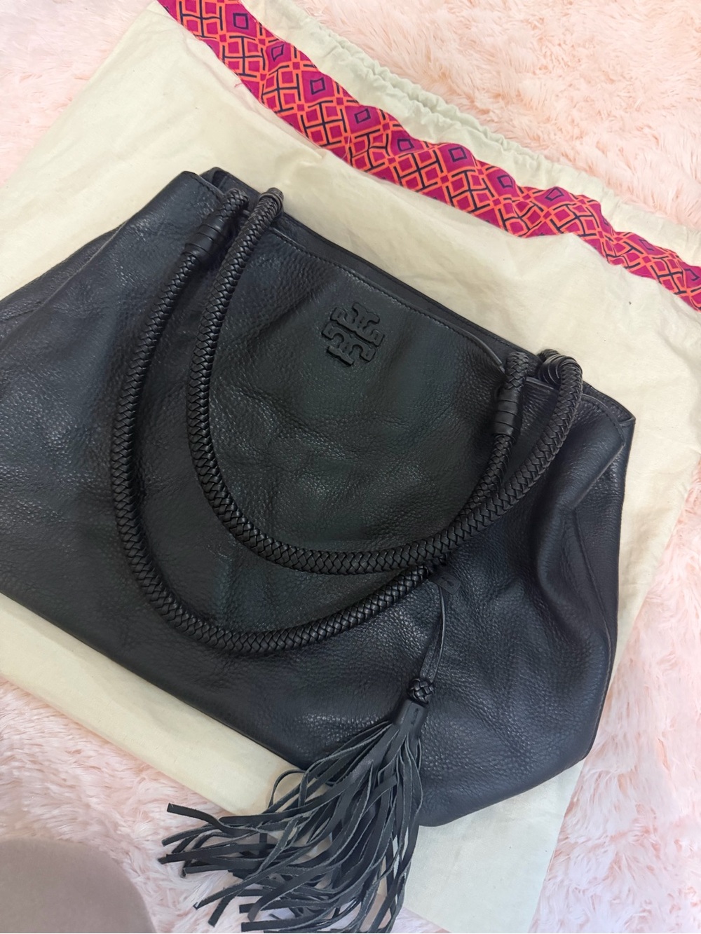 💗Tory Burch Black Leather Tote with Braided Handles - Picture 2 of 6
